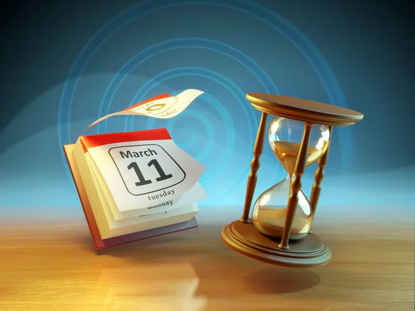 Hourglass and desk calendar with pages flying off. Digital illustration, 3D rendering.