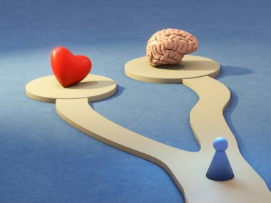 Standing at a fork, deciding to follow your heart or brain. Digital illustration, 3D render.