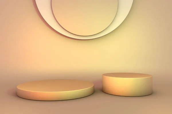 Minimalist space with circular shapes and platforms. Digital illustration, 3D rendering.