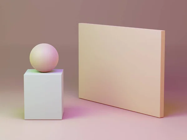 Minimalist space with simple geometric shapes. Digital illustration, 3D rendering.