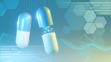 Medical supplements background with some pills. Digital illustration, 3D rendering.