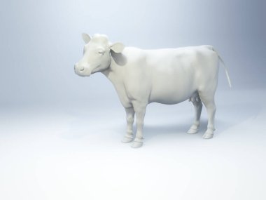 Side view of a white cow sculpture over a brightly lit background. Digital illustration, 3D render.