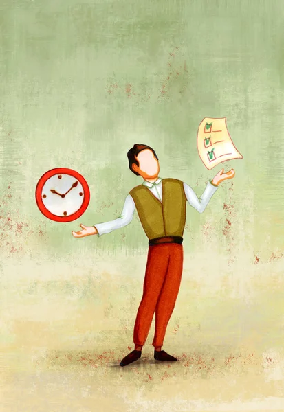 時計とTo Doリストを示す男 タスクと時間管理を完了するための概念的な画像 原画手描きイラスト — ストック写真