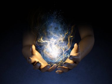 Open hands creating a glowing energy mass. Digital illustration, 3D rendering. clipart