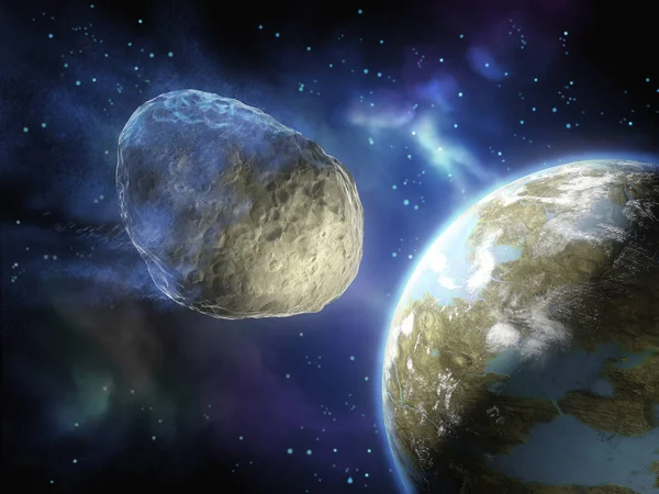 Egy Aszteroida Ütközési Pályán Egy Föld Szerű Bolygóval Digitális Illusztráció — Stock Fotó