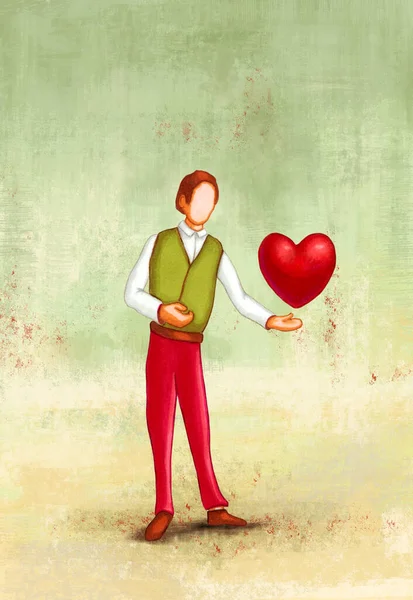 Der Mann Verteilt Ein Großes Rotes Herz Originale Handgezeichnete Illustration — Stockfoto