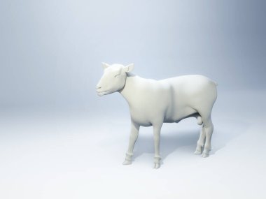 Beyaz koyun heykelinin parlak bir arka plan üzerindeki yan görüntüsü. Dijital illüstrasyon, 3B canlandırma.