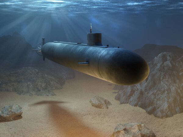 Nuclear submarine cruising in the deep of the ocean. Digital illustration, 3d render.