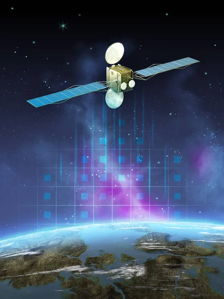 現代の通信衛星は 地球のような惑星の近くに 宇宙空間に浮かんでいます デジタルイラスト 3Dレンダリング — ストック写真