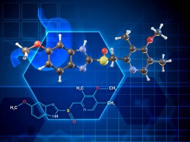 Omeprazole molecule formula and 3D diagram. Digital illustration, 3D render. clipart