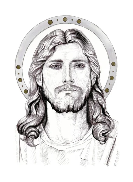 Портрет Иисуса Христа Традиционная Иллюстрация Чернил Бумаге Стоковое Фото