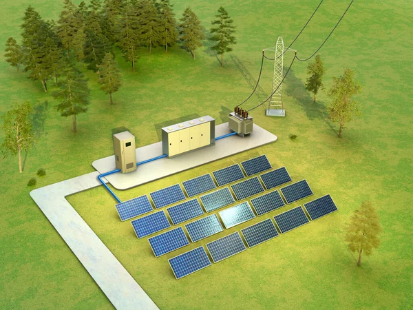 太阳能发电厂原理图 包括一个逆变电源 电池和变压器 数字图解 3D渲染 — 图库照片