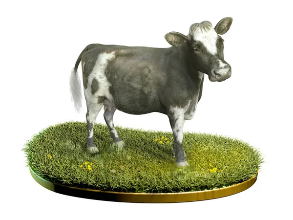 在一片绿草中可爱的黑白奶牛 数字图解 3D渲染 — 图库照片