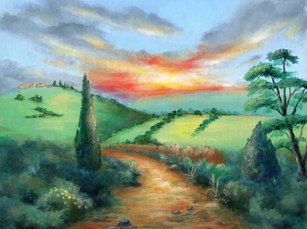 Imaginary Rural Landscape Summer Original Acrylic Painting Canvas — Stock Photo, Image