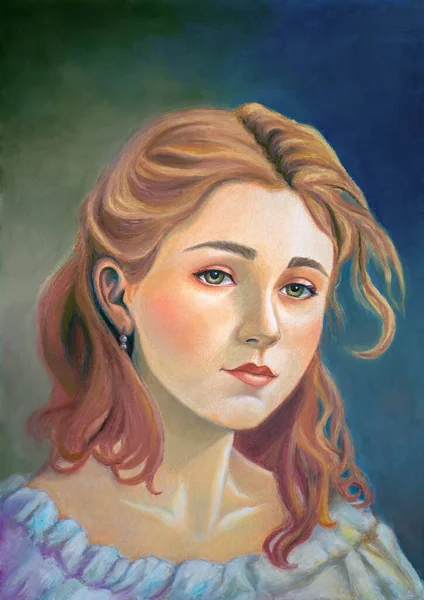 Portret Urojonej Młodej Kobiety Pastel Olejowo Woskowy Papierze Stworzony Przeze — Zdjęcie stockowe