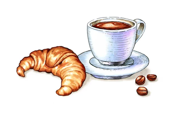 Xícara Café Com Croissant Alguns Grãos Café Ilustração Tradicional Sobre — Fotografia de Stock
