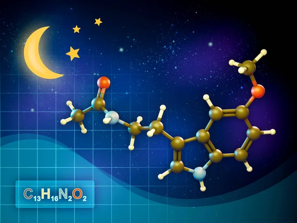 Формула Молекулы Мелатонина Диаграмма Фоне Ночного Неба Луной Некоторыми Звездами — стоковое фото