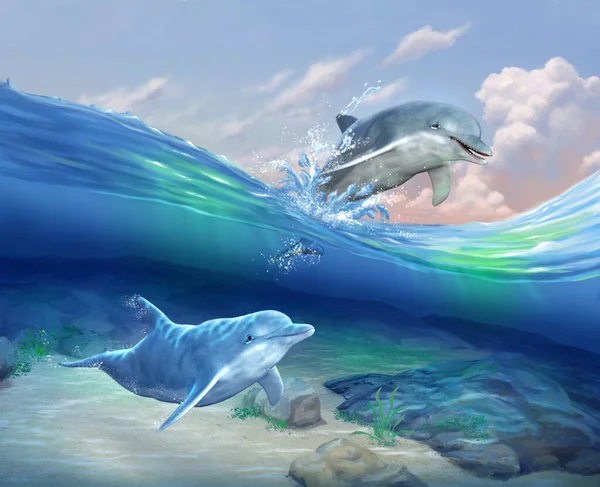 优雅的海豚在闪闪发光的大海中嬉闹地滑行 就像一个人冲向空中 拥抱自由和欢乐 数字图解 3D渲染 图库照片