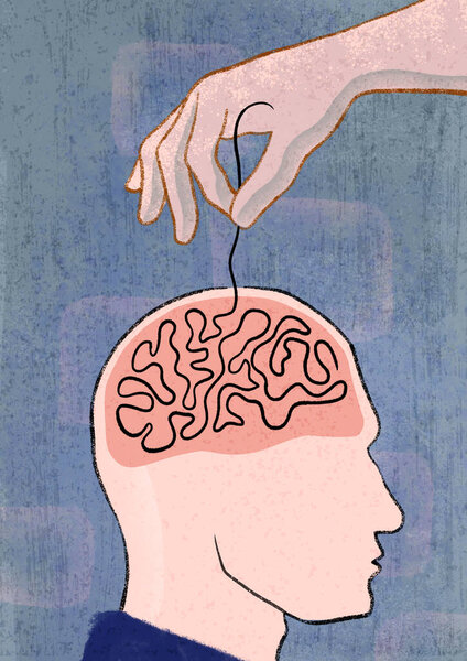 Tangled thread pulled by an hand, revealing the complexity of our minds. Digital illustration.