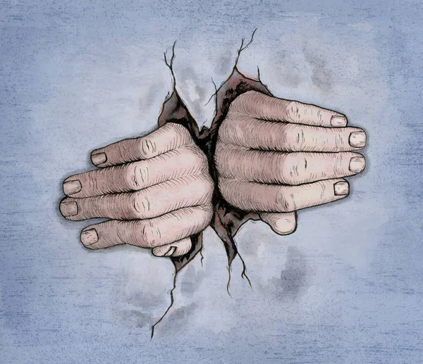Duas Mãos Romper Uma Parede Ilustração Tradicional Tinta — Fotografia de Stock