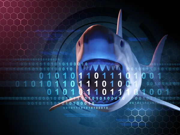 Hungry shark about to attack a stream of binary code. Conceptual image about data safety. Digital illustration, 3D render.
