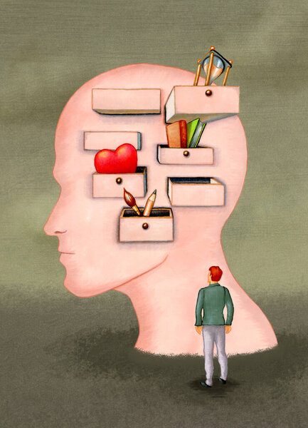 Life memories stored in some drawers on an human head shape. Traditional illustration on paper.