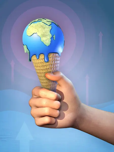 A hand holding an ice cream cone, with a melting Earth globe. Digital illustration, 3D render.