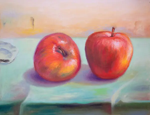Two apples on a light green and yellow background. Oil pastels painting on paper.