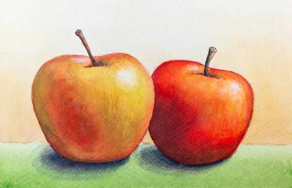 Two apples on a light green and yellow background. Watercolor and colored pencils painting on paper.