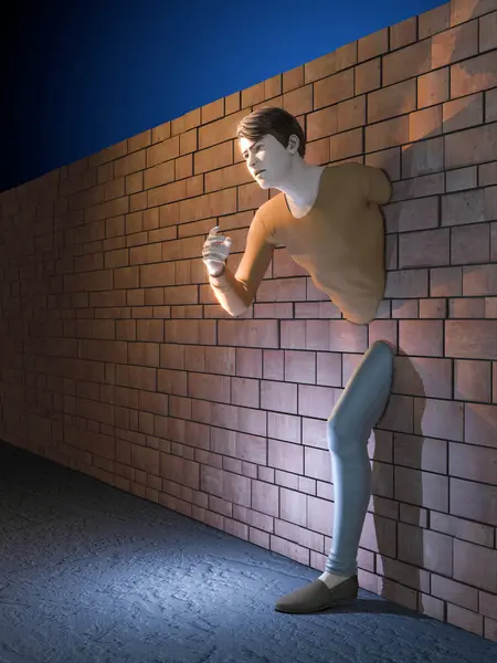 Man Crossing Brick Wall Digital Illustration Render — Stock Photo, Image