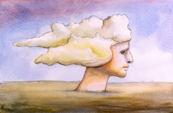 Mänskligt Huvud Med Hår Ersätts Några Mjuka Moln Traditionell Akvarell Stockbild