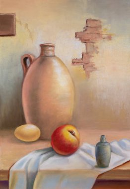 Meyve, yumurta, çömlek ve kumaşla dolu bir hayat. Kağıt üzerinde geleneksel resim.