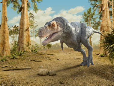 Tyrannosaurus Rex ilkel bir ormanda yürüyor. Dijital illüstrasyon, 3B canlandırma.