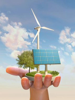 Yeşil bir arazide bazı yenilenebilir enerji kaynakları sunuluyor. Dijital illüstrasyon, 3B canlandırma.