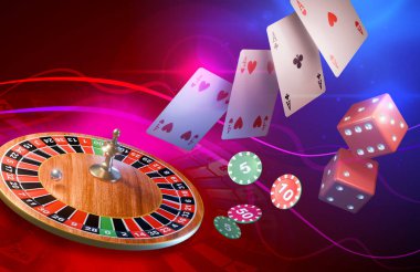 Rulet, kart ve zarlarla kumar oyunları kompozisyonu. Dijital illüstrasyon, 3B canlandırma.