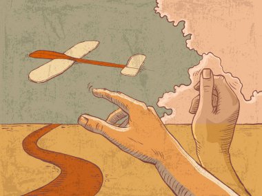 Oyuncak uçak kendi fikirlerini yetiştirmenin bir sembolü. Dijital illüstrasyon.