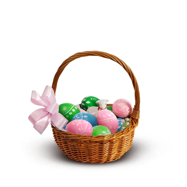 Kleurrijke Paaseieren Lamsvlees Een Easter Basket Geïsoleerd Witte Achtergrond — Stockfoto