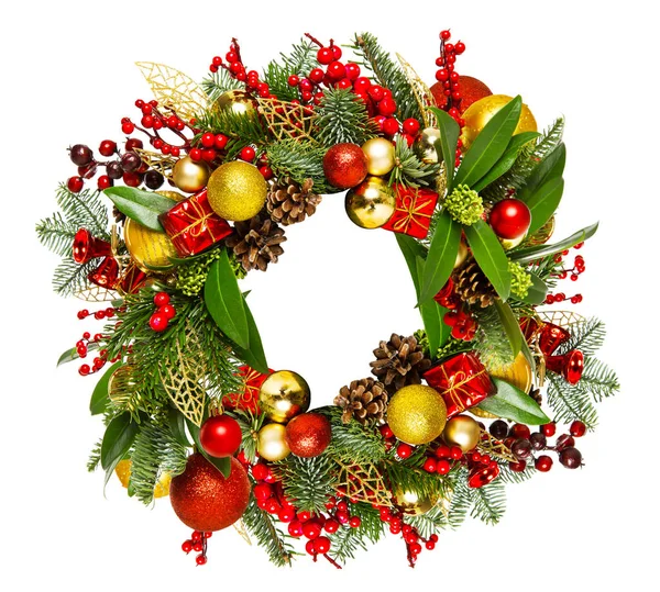 Christmas Wreath Green Pine Tree Branches Leaves Decorated Red Balls - Stok İmaj