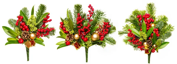 Christmas Green Floral Decorations Pine Tree Branches Bouquet Red Berries 免版税图库照片