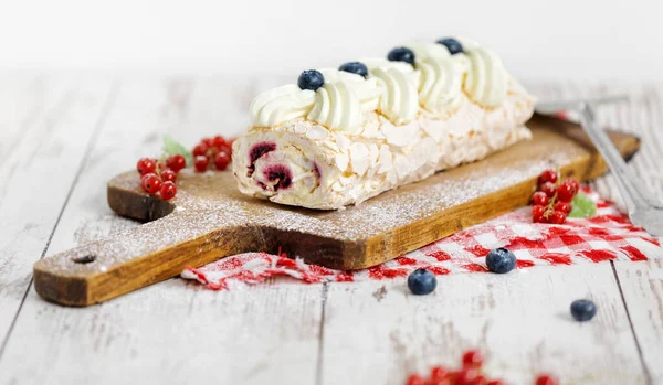 White Roll Cake Berries Jam Filling Wooden Board Sugar Powder Stockfoto