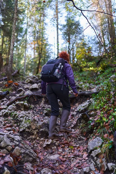 Woman Hiker Backpack Hiking Trail Mountains — Stock Photo, Image