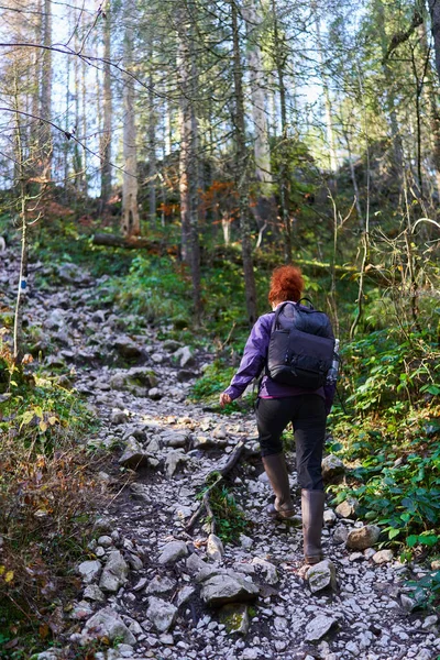 Wanderin Mit Rucksack Auf Wanderweg Den Bergen — Stockfoto