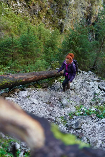 Mujer Excursionista Con Mochila Una Ruta Senderismo Las Montañas —  Fotos de Stock