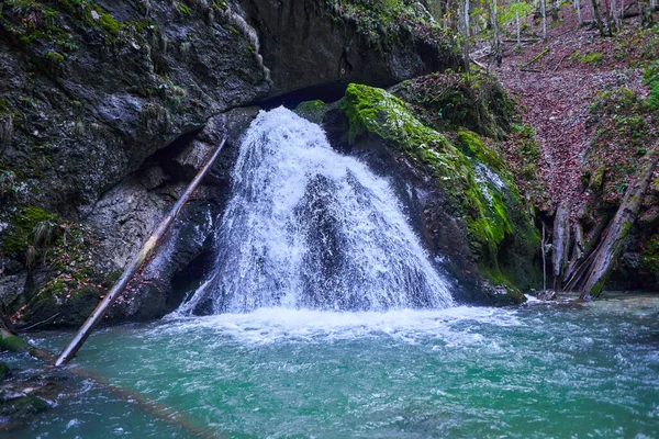 Cachoeira Desfiladeiro Luxuoso Coberto Musgo Vegetação Exuberante Com Águas Azuis — Fotografia de Stock