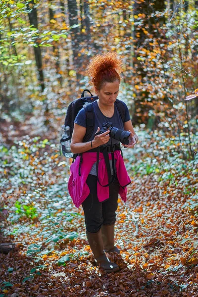 Kadın Doğa Fotoğrafçısı Sonbaharda Kayın Huş Ağacı Ormanlarında Sırt Çantasıyla — Stok fotoğraf