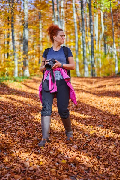 Жінка Фотограф Пішохідний Рюкзаком Горах Через Бук Березовий Ліс Восени — стокове фото