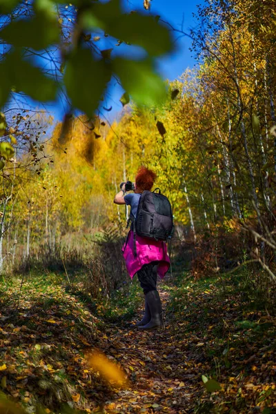 Жінка Фотограф Пішохідний Рюкзаком Горах Через Бук Березовий Ліс Восени — стокове фото