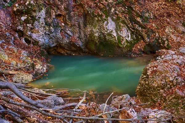 Kireçtaşı Dağlarında Bir Karst Pınarı Tarafından Üretilen Nehir — Stok fotoğraf