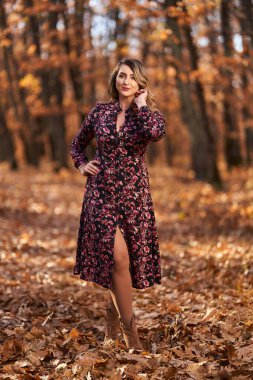 Ayrıca sonbaharın sonlarında meşe ormanında güzel bir kadın.