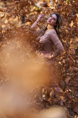 Ayrıca sonbaharın sonlarında meşe ormanında güzel bir kadın.